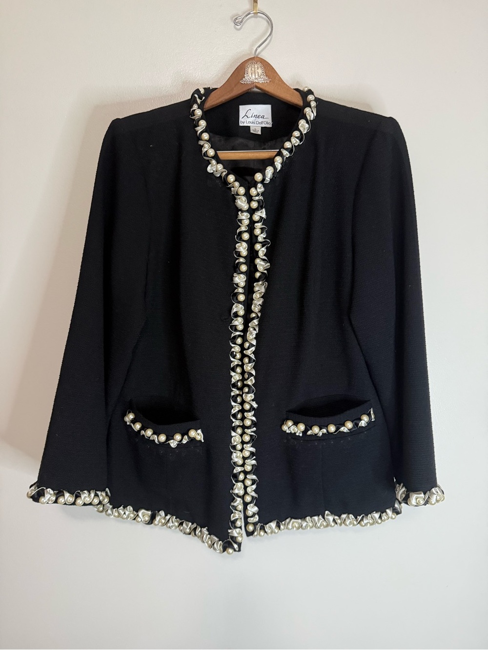Linea by Louis Dell'Olio Black Jacket with Pearl & ribbon  Trim size large